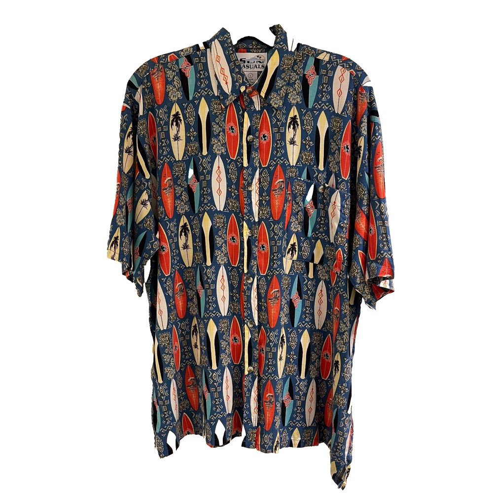 Sun Casuals Men's 100% Rayon S/S Hawaiian Shirt L w/Multicolor Surf Boards A+